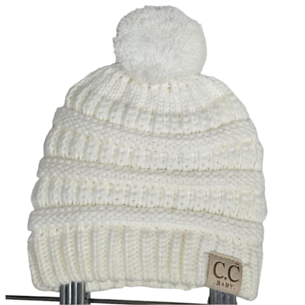 BABY Solid Chunky Cable-Knit Pom C.C Beanie Ivory Bobble Hat Toboggan Infant OS